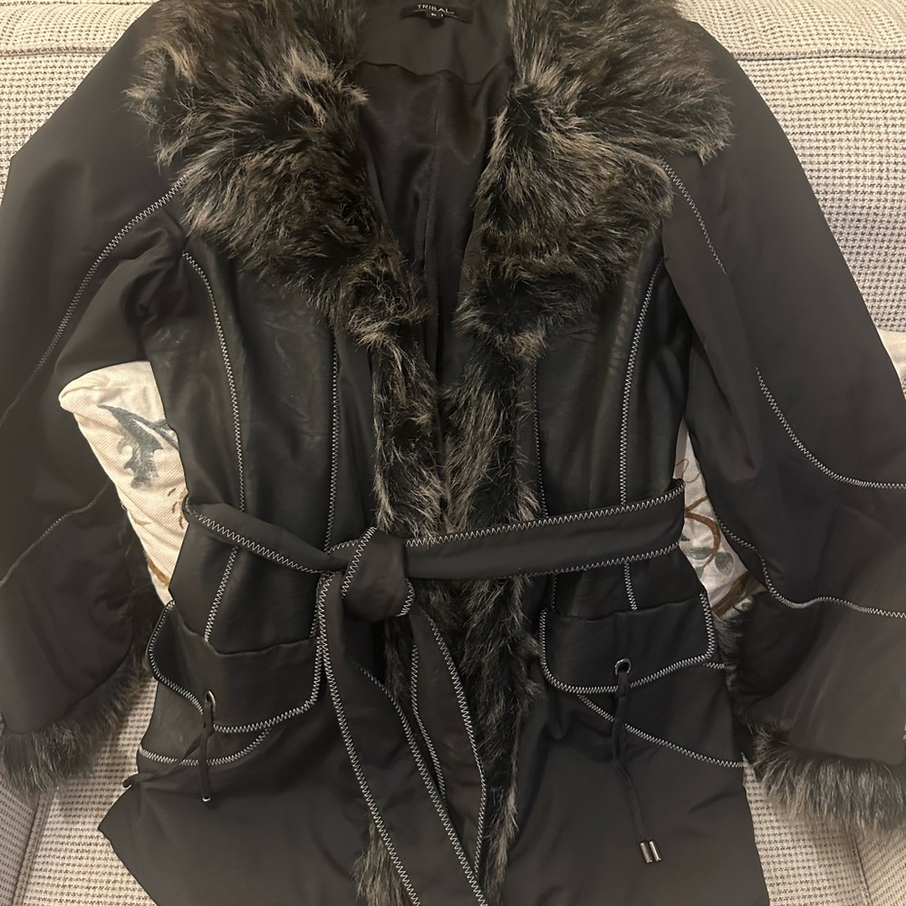 Tribal Black Teddy Jacket with Faux Fur Trim and Belt
